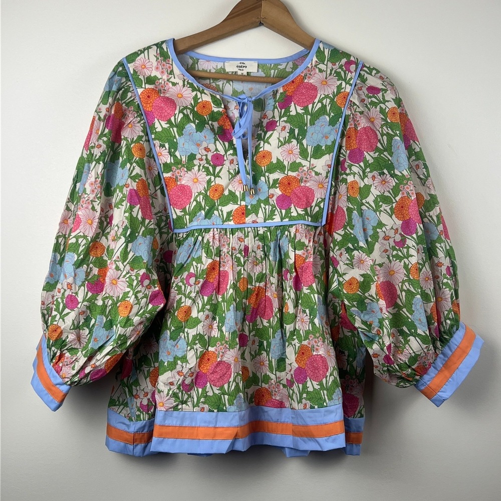 Entro Floral Babydoll Top Puff Sleeve  Boho Blouse Medium